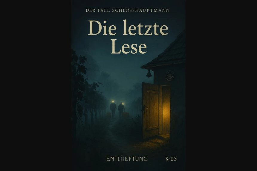 Zwischen Nebel und Atem: Zeit, Türen offen zu lassen. Cover Folge 5 „Die letzte Lese“ – Nachtlese im Nebel, Pumpenhaus-Tür, Stirnlampenlicht