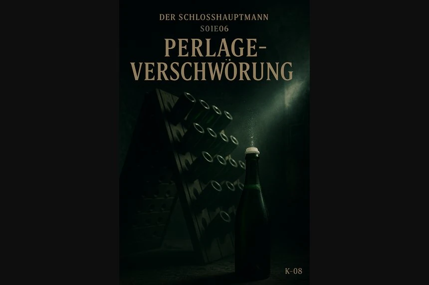 Wenn Druckwellen flüstern, wird der Keller laut. Cover Folge 6 „Perlage-Verschwörung“ – Rüttelpulte, Messuhr, Flasche mit hoher Schaumkrone